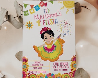 My First Fiesta, Girl Party Invitation, Fiesta Birthday, Mexican Fiesta Theme, Taco Party, Colorful Fiesta Invite 5x7 Editable on Canva A101