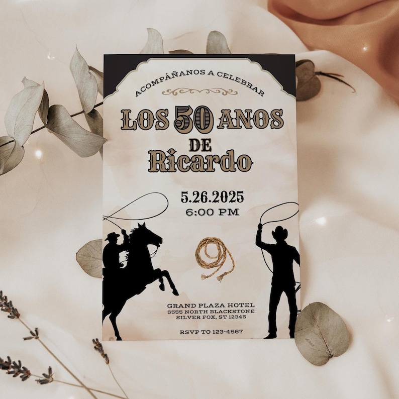 Vaquero 50th Birthday Invitation, Rodeo Theme, Cowboy Birthday, Mens Birthday Invite, Mexican Fiesta, 50th Birthday Idea, 5x7 Canva Template image 1
