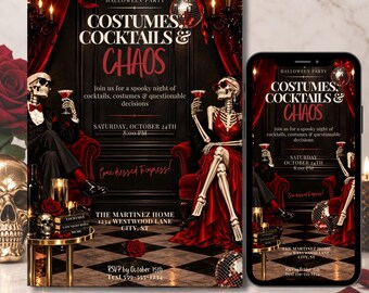 Adult Halloween Party Invitation, Skeleton Cocktails & Costumes, Editable Canva Template