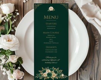 Emerald Gold Menu Card, Elegant Dinner Party Menu Template — Emerald Elegance Editable Canva Template, 4x9, Q101