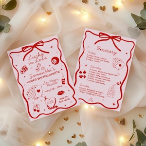 Lucky in Love Bachelorette Einladen, Vegas Party Reiseplan, Pink und Rot, Bach-Wochenende, Las Vegas, Kirsche & Bogen bearbeitbare Canva Vorlage, B113