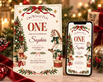 Oh What Fun - Vintage Christmas 1st Birthday Invitation - Editable Canva Template U104
