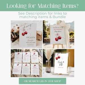 Op de afbeelding: Een set met printbare babyborreldecoraties met een kersenthema. De set bevat een welkomstbord, een babyborrelinvitation, een bord voor kaarten en cadeaus en verschillende spelkaarten. De decoraties zijn roze en rood met aquarelkersen en strikken.