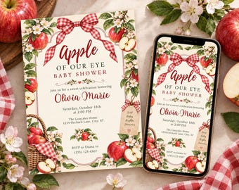 Apple of Our Eye Baby Shower Invitation - Red Gingham Canva Template L107