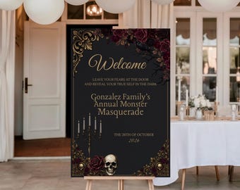 Halloween Welcome Sign, Black Gold Gothic Decor — Midnight Monster Masquerade Editable Canva Template | H102