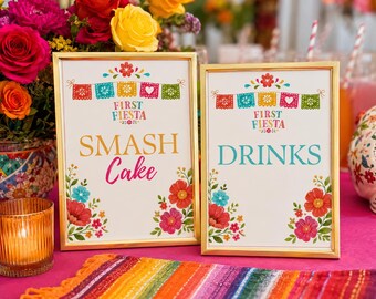 Smash Cake Sign, Dessert Table Signs - First Fiesta Editable Canva Template, 5 Piece Bundle U101
