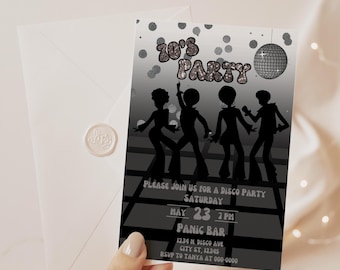 70s Disco Party Invite Template, Silver Black Glitter, Disco Invitation, Disco Dance Party Invite, Let's Get Groovy 5x7 Editable on Canva