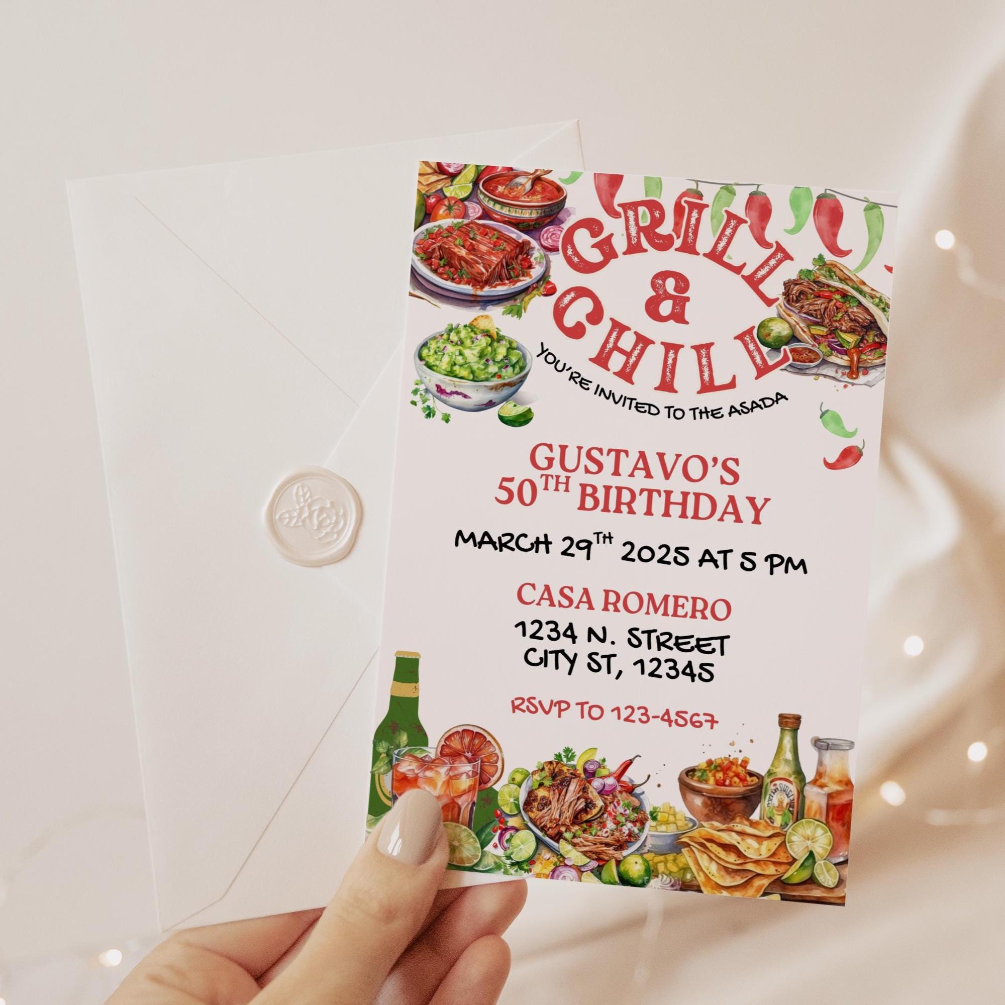 Mexican Carne Asada Invitation, Grill and Chill, Cookout BBQ, Family Gathering, Backyard Party, Latino Birthday Invite, 5x7 Canva Template