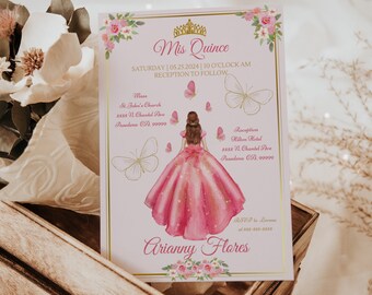 Modelo de convite rosa Quinceañera, convite rosa marmelo personalizável, download digital convite de aniversário de 15 anos editável no CANVA