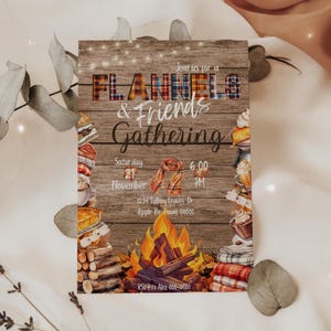 Bonfire uitnodiging flanel en vrienden, herfstpotluck uitnodigen, Friendsgiving-diner, Friendsgiving-feest, vreugdevuur achtertuin, 5 x 7 canvas sjabloon