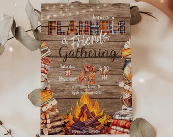 Flannel and Friends Bonfire Invitation, Fall Potluck Invite, Friendsgiving Dinner, Friendsgiving Party, Backyard Bonfire, 5x7 Canva Template