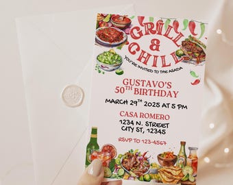 Mexican Carne Asada Invitation, Grill and Chill, Cookout BBQ, Family Gathering, Backyard Party, Latino Birthday Invite, 5x7 Canva Template