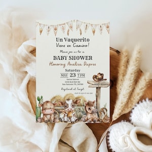 Vaquerito Cowboy Baby Shower, invito per baby shower per bambini, invito per animali da fattoria, modificabile 5x7, invito per feste per bambini, Canva modificabile, L101