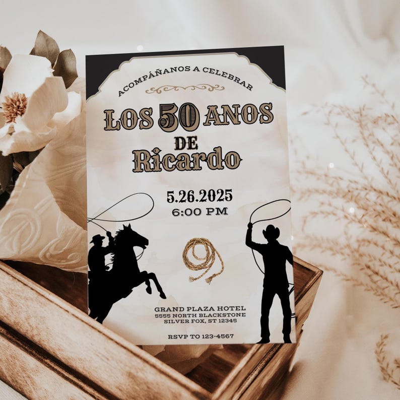 Vaquero 50th Birthday Invitation, Rodeo Theme, Cowboy Birthday, Mens Birthday Invite, Mexican Fiesta, 50th Birthday Idea, 5x7 Canva Template image 4
