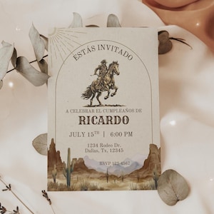 May include: A rectangular invitation card featuring a desert landscape with cacti and mountains at the bottom. The text reads ESTÁS INVITADO, A CELEBRAR EL CUMPLEAÑOS DE RICARDO, JULY 15TH, 6:00 PM, 1234 Rodeo Dr. Dallas, Tx, 12345, and RSVP 123-4567.