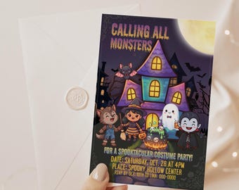Halloween Costume Party Invitation, Kids Monster Birthday Invite — Calling All Monsters Editable Canva Template, 2-in-1 Bundle | H103