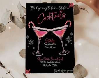 Invito per cocktail party di Natale / Cocktail di Natale / Cocktail neri e rosa - Invito di Natale / 5x7 pollici - Modificabile su Canva