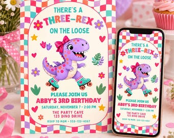 Three-Rex Dinosaur Invitation - Roller Skating 3rd Birthday Canva Template