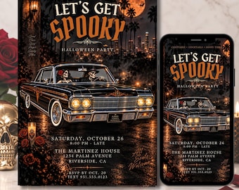 Let’s Get Spooky Halloween Party Invitation, Chicano-Inspired Skeleton Car Invite, Costume Party Canva Template