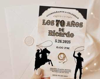 Vaquero 70th Birthday Invitation, Rodeo Theme, Cowboy Birthday, Mens Birthday Invite, Mexican Fiesta, 70th Birthday Idea, 5x7 Canva Template