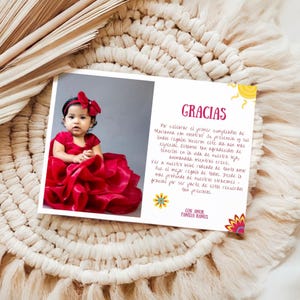 Cartões de agradecimento com foto para o primeiro aniversário, modelo em espanhol, modelo editável, tema de festa mexicana, festa de 1º aniversário, modelo Canva 5x7, A101