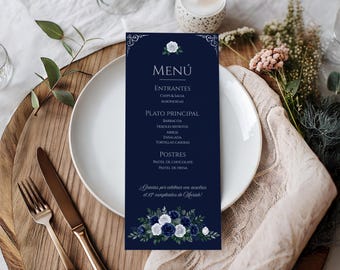 Navy Blue Menu Card, Wedding & Dinner Party Menu Template — Elegant Navy Editable Canva Template, Q102