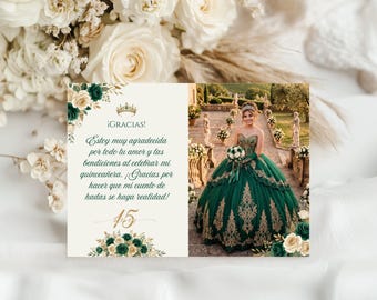 Quinceañera Thank You Card, Photo Card Template — Emerald Elegance Editable Canva Template, 5x7 & 4x6, Q101