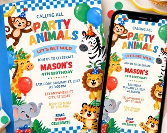 Jungle Safari Birthday Invitation: Party Animals Editable Canva Template