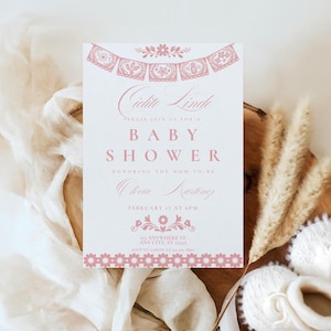 Pink Papel Picado Baby Shower Invitation, Mexican Fiesta, Editable Canva Template (Digital Download)