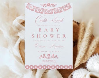 Pink Papel Picado Baby Shower Invitation, Mexican Fiesta, Editable Canva Template (Digital Download)