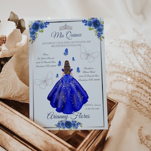 Modelo de convite azul Quinceañera, convite customizável de marmelo Royal Blue Quince, download digital convite de aniversário de 15 anos, edição no CANVA