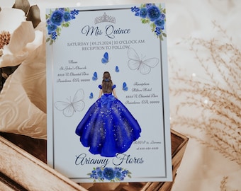 May include: A blue and silver Mis Quince invitation card. The card features a drawing of a girl in a blue gown, butterflies, and floral accents. Text includes event details, date, time, and RSVP information.
