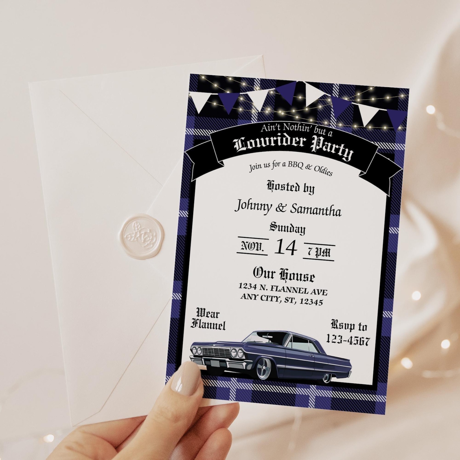 Blue Lowrider Invitation, Cholo Party, Chicano Culture, Lowrider Party