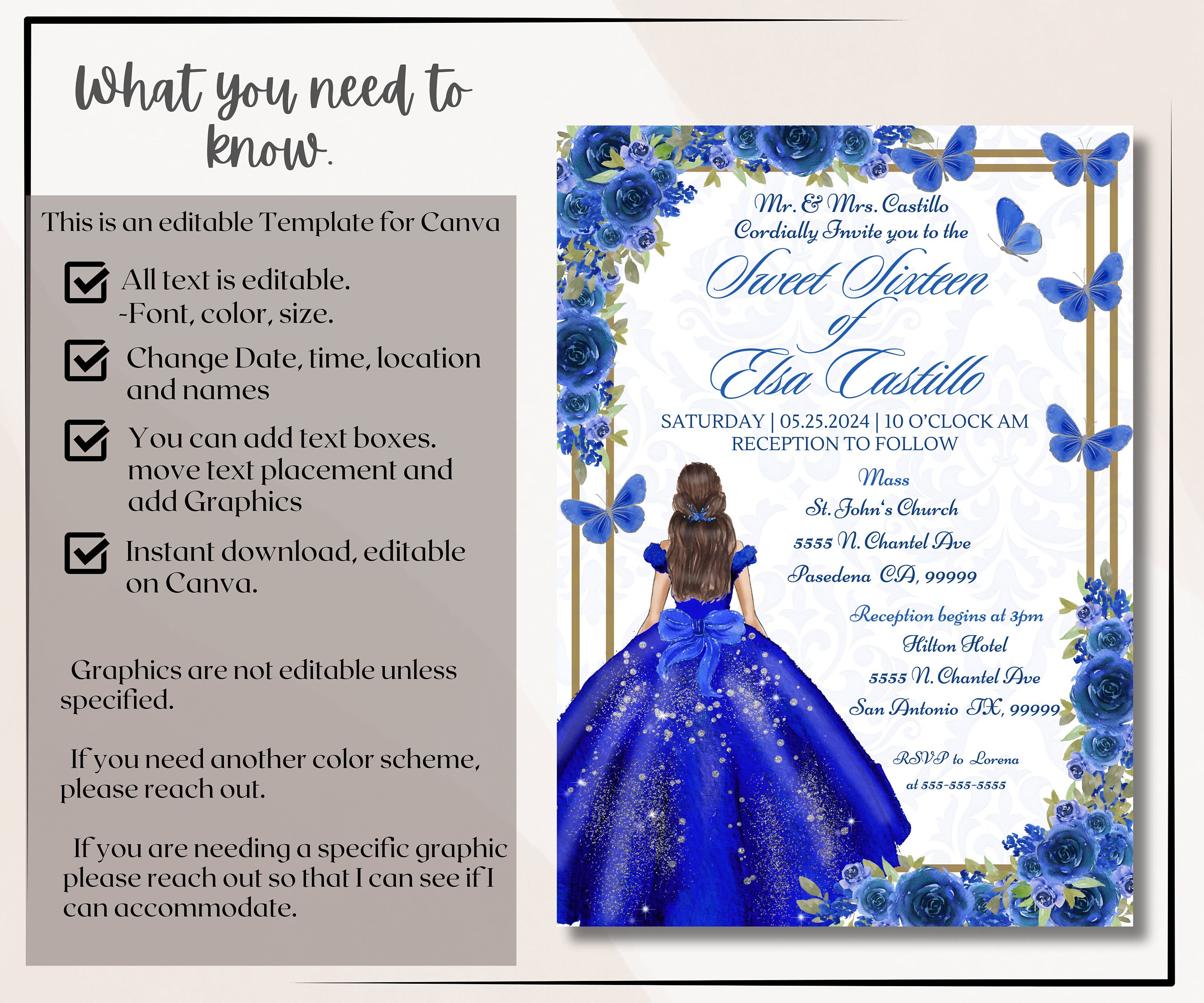 Royal Blue Floral Sweet 16 Invitation, Sweet Sixteen, Floral Invite for