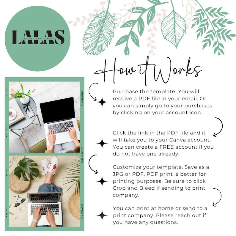 May include: A green and white graphic with the text "LALAS" and the words "How it Works" in a large font. The graphic explains how to use a digital template. The steps include purchasing the template, clicking a link in a PDF file, customizing the template, and saving it as a JPG or PDF.