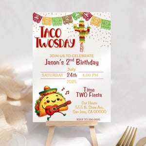 Taco Twosday Fiesta Birthday Invitation, Taco Tuesday, 2 Year Old Bday Party, Taco Birthday, Kawaii, Second Birthday 5x7 Canva Template