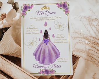 Purple Quinceañera Invitation Template, Quince Customizable Purple Lilac Quince Invite, Digital Download 15th Birthday Invite, Edit on CANVA