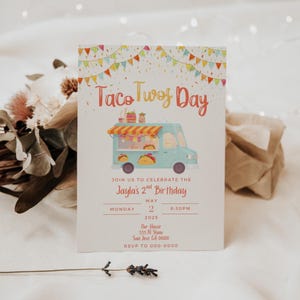 Taco Twosday Invitation, Taco Truck Invite, Mexican Fiesta, Second Birthday, Taco Theme Party, 2 Year Old Pastel Invite, 5x7 Canva Template image 2