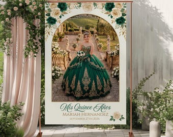 Quinceanera Photo Sign, Mis Quince Años Party Sign — Emerald Elegance Editable Canva Template, 18x24 & 24x36, Q101
