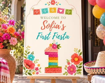 First Fiesta Birthday Welcome Sign, Papel Picado - Editable Canva Template, 1st Birthday U101