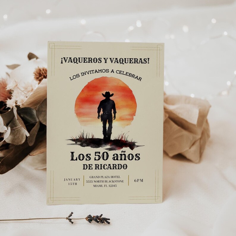 Vaquero 50th Birthday Invitation, Cowboy Birthday, Rodeo Theme, Mens Birthday Invite, Mexican Fiesta, 50th Birthday Idea, 5x7 Canva Template image 2