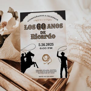 Invitación de cumpleaños de vaquero para 60 años, temática de rodeo, cumpleaños de vaquero, invitación de cumpleaños para hombre, fiesta mexicana, idea para 60 años, plantilla Canva de 5x7