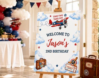 Birthday Welcome Sign, Airplane 2nd Birthday Party Sign — Time Two Take Off Editable Canva Template K101