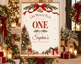 Oh What Fun - Vintage Christmas 1st Birthday Welcome Sign - Editable Canva Template U104