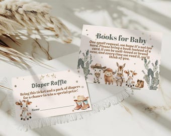 A Little Cowboy is on His Way,  Diaper Raffle Card, Books for Baby Cards, Baby Shower, Farm Animal, 5x3.5 & 3.5x2, Canva Template, L123