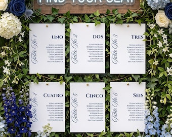 Blue Seating Chart Cards, Printable Wedding Table Assignment Template — Elegant Navy Editable Canva Template, Q102