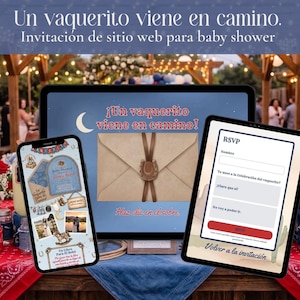 May include: A digital baby shower invitation set displayed on a computer monitor, a smartphone, and a tablet. The screens feature a western theme with a tan envelope, a horseshoe wax seal, and the text Un vaquerito viene en camino and RSVP.