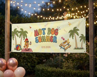 BBQ Backyard Party Banner, Retro 70s Pool Party Decor — Hot Dog Summer Editable Canva Template, S101