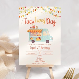Taco Twosday Invitation, Taco Truck Invite, Mexican Fiesta, Second Birthday, Taco Theme Party, 2 Year Old Pastel Invite, 5x7 Canva Template image 5