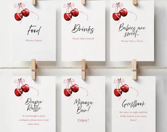 She&#39;s the Cherry on Top Table Signs, Baby Shower, Cherries Theme, Mimosa Bar, Guestbook, Diaper Raffle, 5x7 & 8x10 Editable on Canva, L111